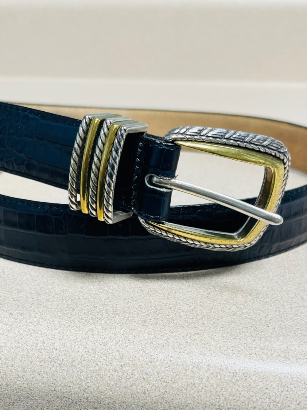 Vintage Brighton Classics Reptile Print Embossed Leather Midnight Navy Size L 34